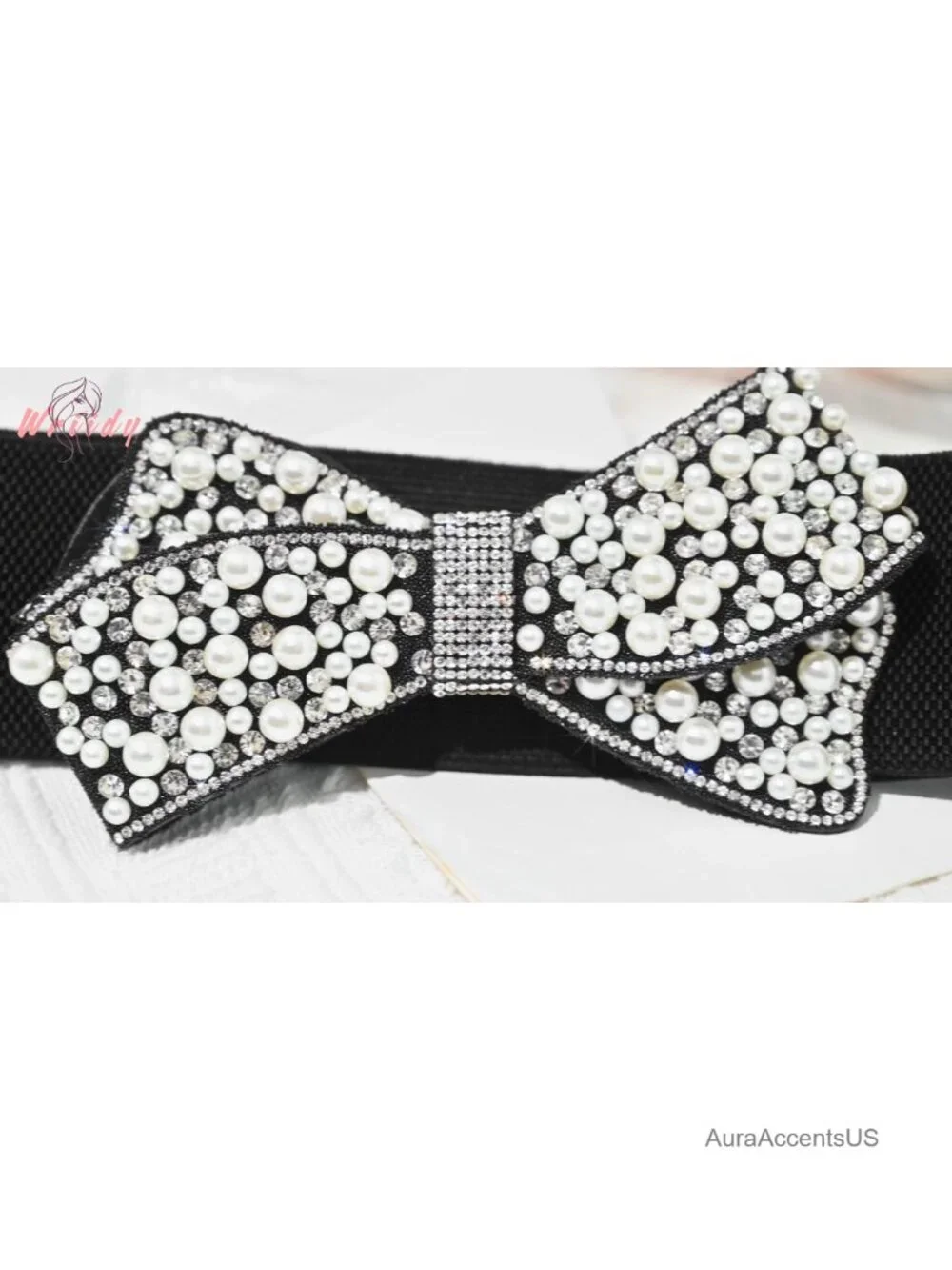 Elastic Pearl Belt Stretch Bow Tie Rhinestone Wide Waist Belt